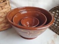 Redware Nesting Bowls (3), Feather Motif, Glazed and Antiqued Finish