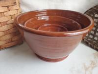 Redware Nesting Bowls (3), Feather Motif, Glazed and Antiqued Finish