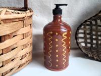 Large Redware Soap or Lotion Dispenser Bottle with Squiggles and Dots