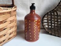 Large Redware Soap or Lotion Dispenser Bottle with Squiggles and Dots