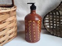 Large Redware Soap or Lotion Dispenser Bottle with Squiggles and Dots