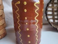 Large Redware Soap or Lotion Dispenser Bottle with Squiggles and Dots