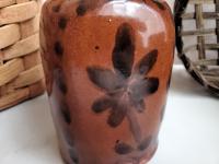 Redware Bottle and Stopper with Black Floral Motif and Square Bottom