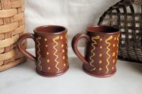 Two Slip-Decorated Redware Mugs with Squiggles and Dots Pattern (a)