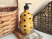 Redware Soap or Lotion Dispenser Bottle, Large Size with Black Dots