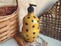 Redware Soap or Lotion Dispenser Bottle, Large Size with Black Dots