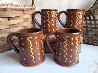 Slip-Decorated Redware (4) Mugs with Squiggles and Dots Pattern