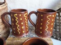 Slip-Decorated Redware (4) Mugs with Squiggles and Dots Pattern