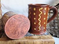 Slip-Decorated Redware (4) Mugs with Squiggles and Dots Pattern