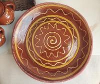 Large Redware Platter, Charger with Slip-Decorated Traditional Pattern