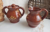 Redware Sugar and Creamer Set with Slip Motif