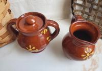 Redware Sugar and Creamer Set with Slip Motif