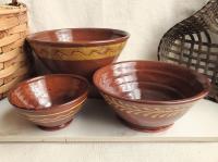 Redware Nesting Bowls (3), Various Slipware Motifs, Antique Finish