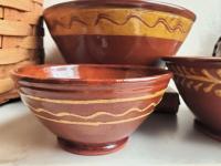 Redware Nesting Bowls (3), Various Slipware Motifs, Antique Finish