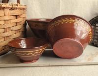 Redware Nesting Bowls (3), Various Slipware Motifs, Antique Finish