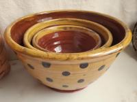 Redware Nesting Bowls (3), Black Dots, Glazed and Antiqued