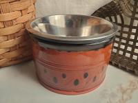 Large Redware Pet Food Bowl with Stainless Steel Insert, Black Splotches