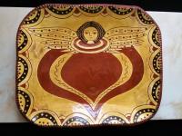 Custom Order Kulina Folk Art Redware Rectangular Platter, Angel with Wings Sgraffito Motif