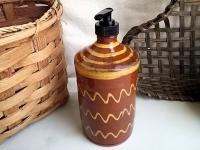 Large Redware Soap or Lotion Dispenser Bottle with Squiggles, One-of-a-Kind
