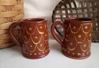 Redware Mugs (2), One-of-a-Kind Slipware Pattern. Antiqued