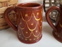 Redware Mugs (2), One-of-a-Kind Slipware Pattern. Antiqued