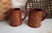 Redware Mugs (2), One-of-a-Kind Slipware Pattern. Antiqued
