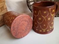 Redware Mugs (2), One-of-a-Kind Slipware Pattern. Antiqued