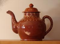 Redware Teapot with Stamped Decoration and Lead Free Glaze
