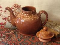 Redware Teapot with Stamped Decoration and Lead Free Glaze detail