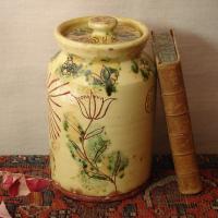 Redware 9.50 in Sgraffito Jar with Owl, Sun and Tulip Decoration