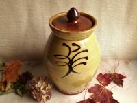 Redware 10 in Jar with Black Slip Feather Decoration