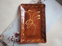 Redware Platter with Slipware Feather Decoration