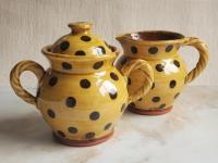 Redware Jar with Rope Handles and Black Polka Dots