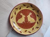 Redware 11 inch Plate with Two Rabbits Sgraffito Motif