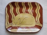 Redware Platter with Sleeping Cat Sgraffito Decoration