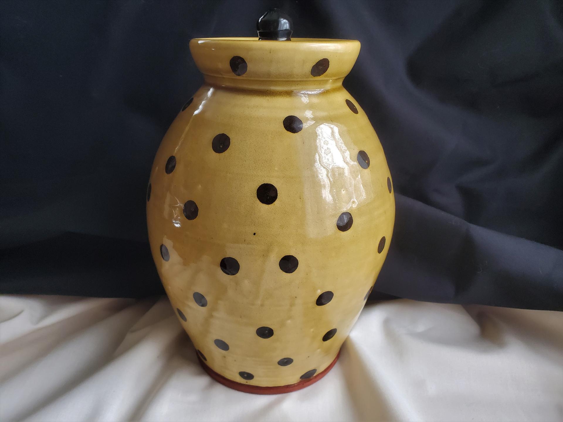 Large Redware 10 in Jar with Black Polka Dot Decoration