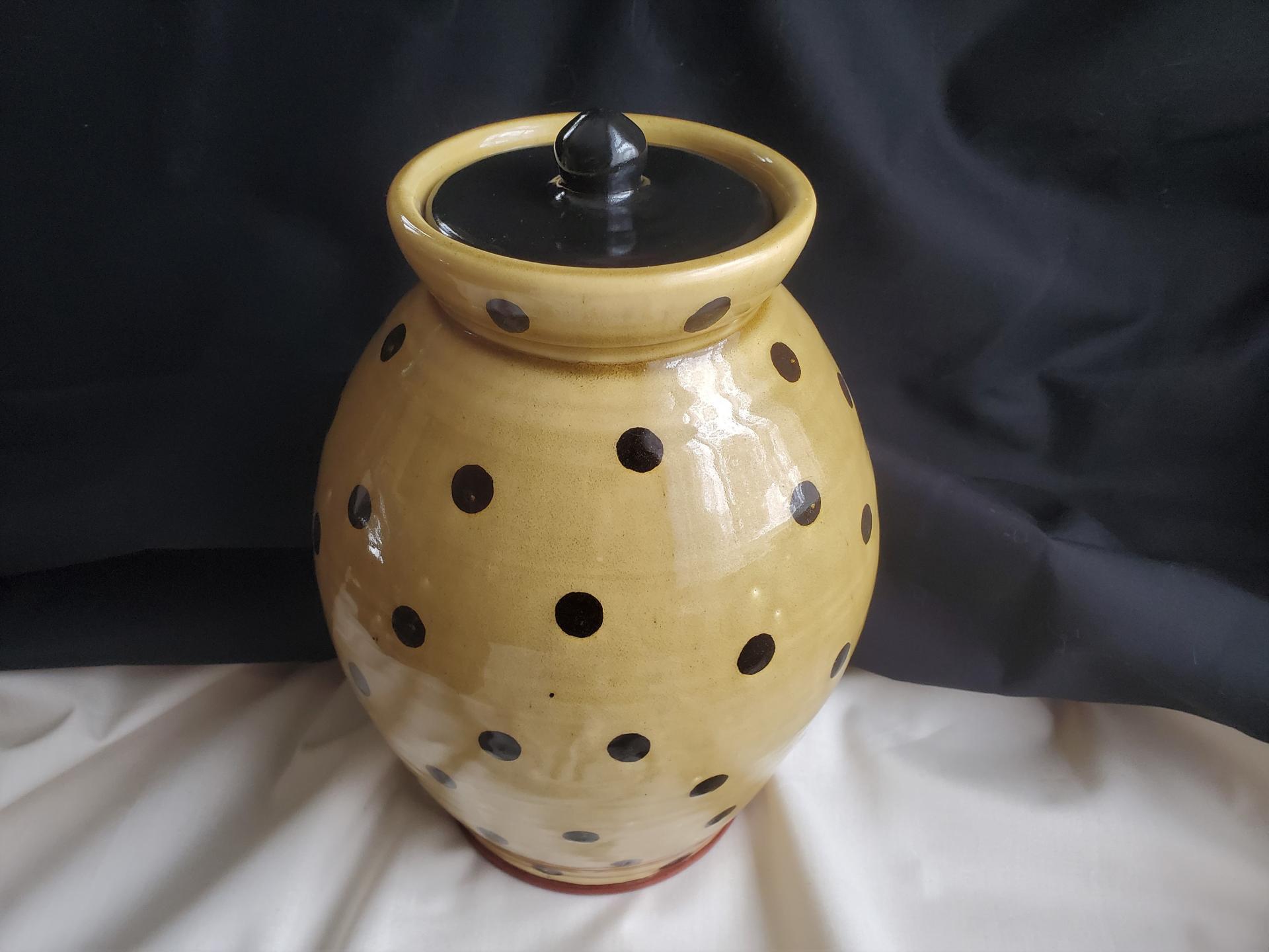 Large Redware 10 in Jar with Black Polka Dot Decoration