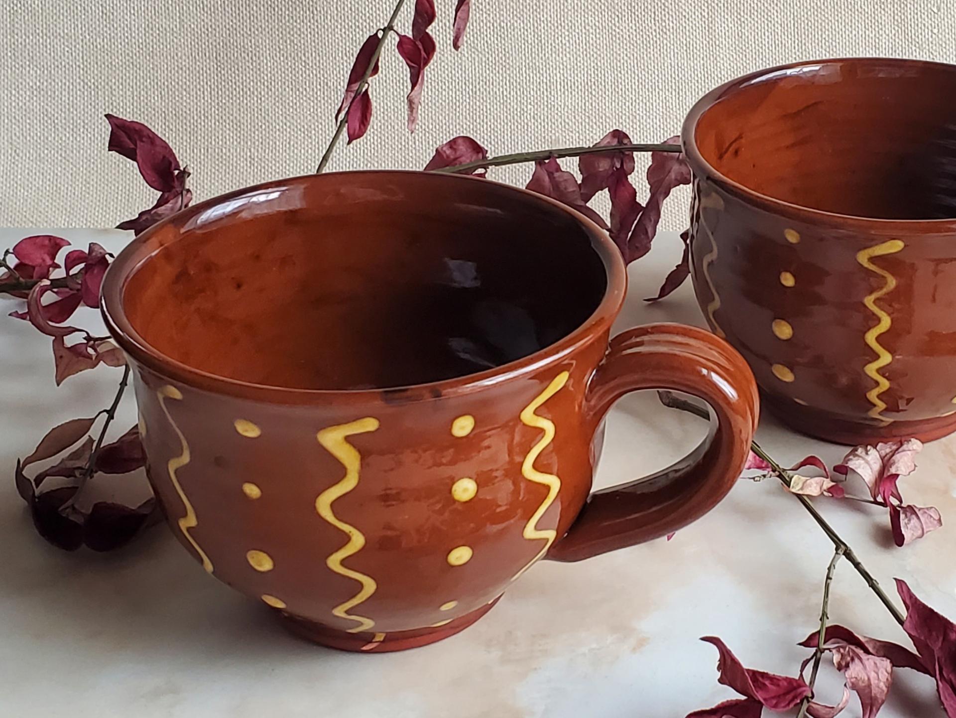 Redware Soup, Chowder, Cereal, Chili Bowls with Squiggles and Dots Decoration