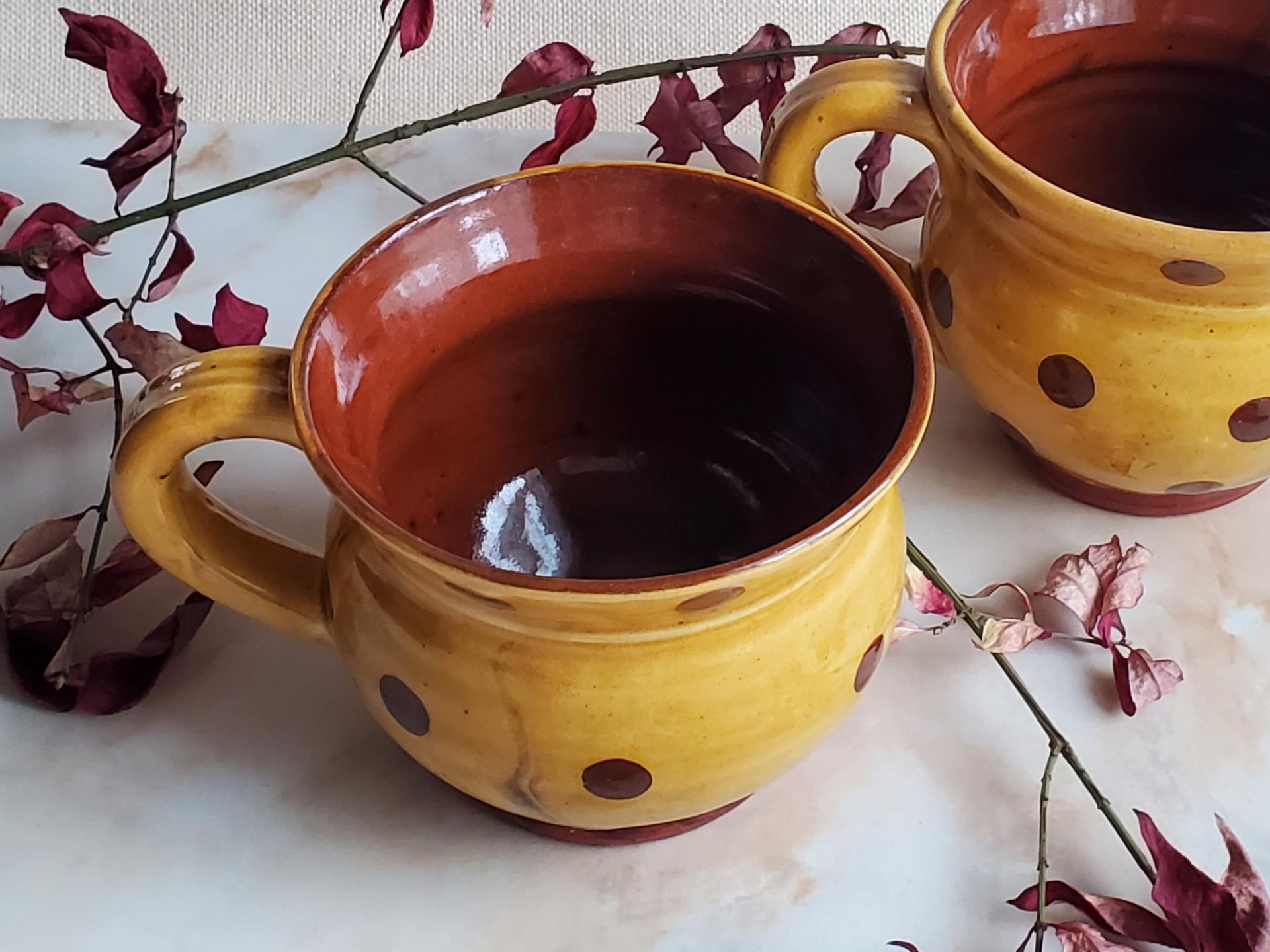 Redware Cup with Brown Dots Decoration