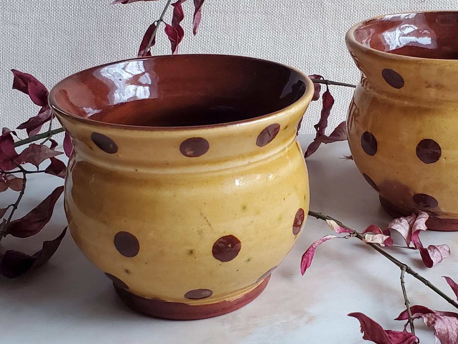 Redware Cup with Brown Dots Decoration