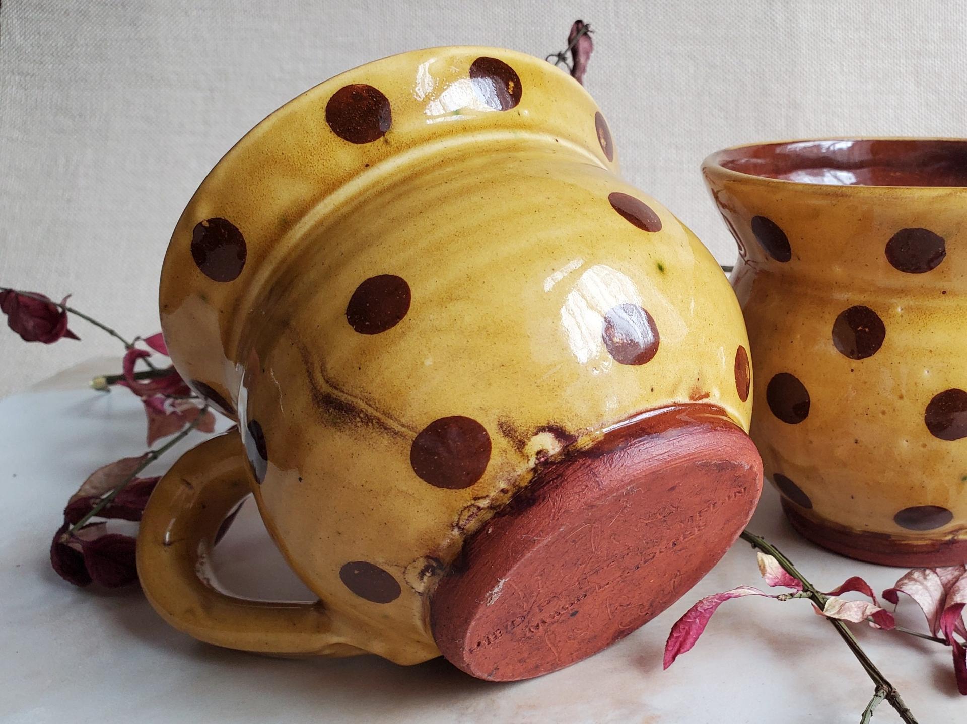 Redware Cup with Brown Dots Decoration