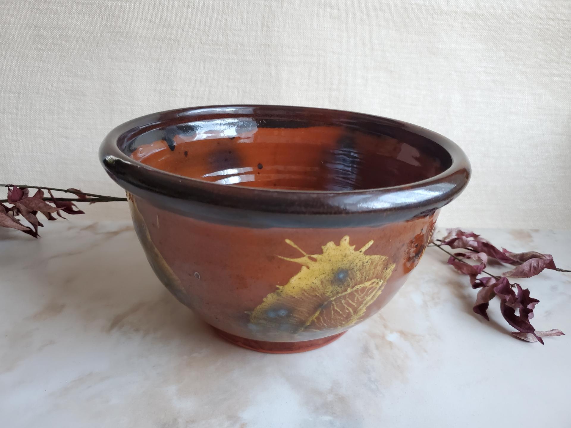 Redware 8 in Large Bowl with Spangles and Daubs Decoration