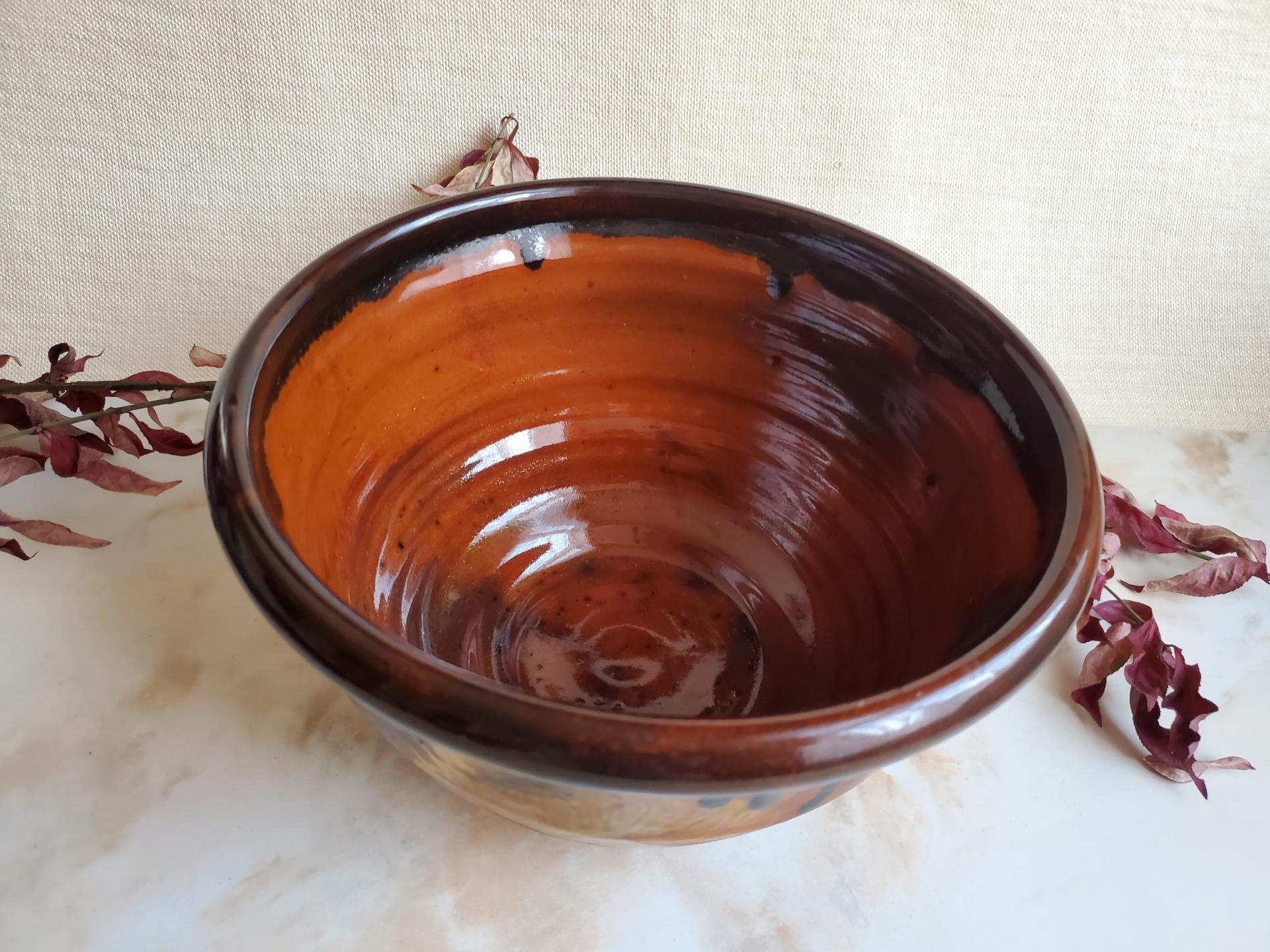 Redware 8 in Large Bowl with Spangles and Daubs Decoration