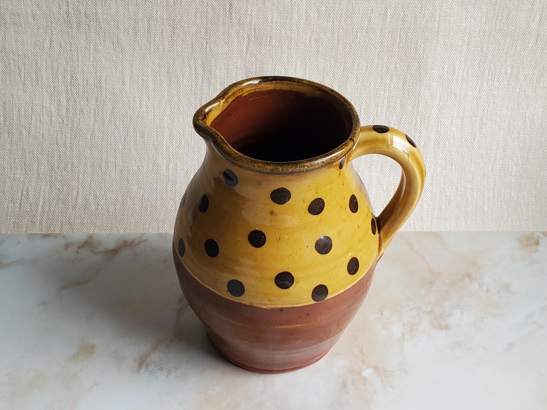 Redware Pitcher with Black Polka Dots