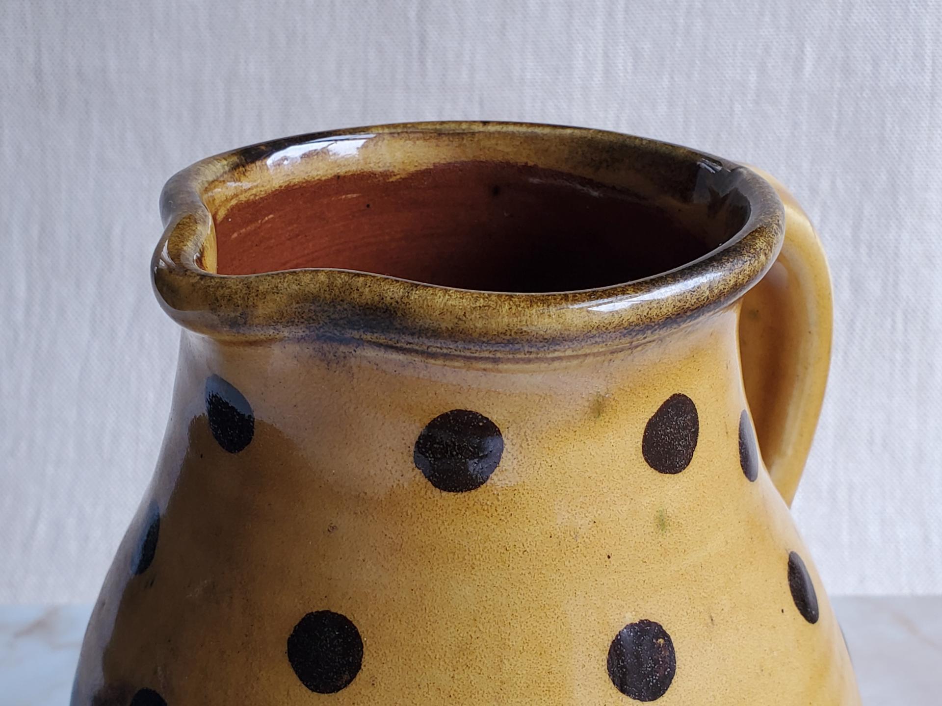 Redware Pitcher with Black Polka Dots