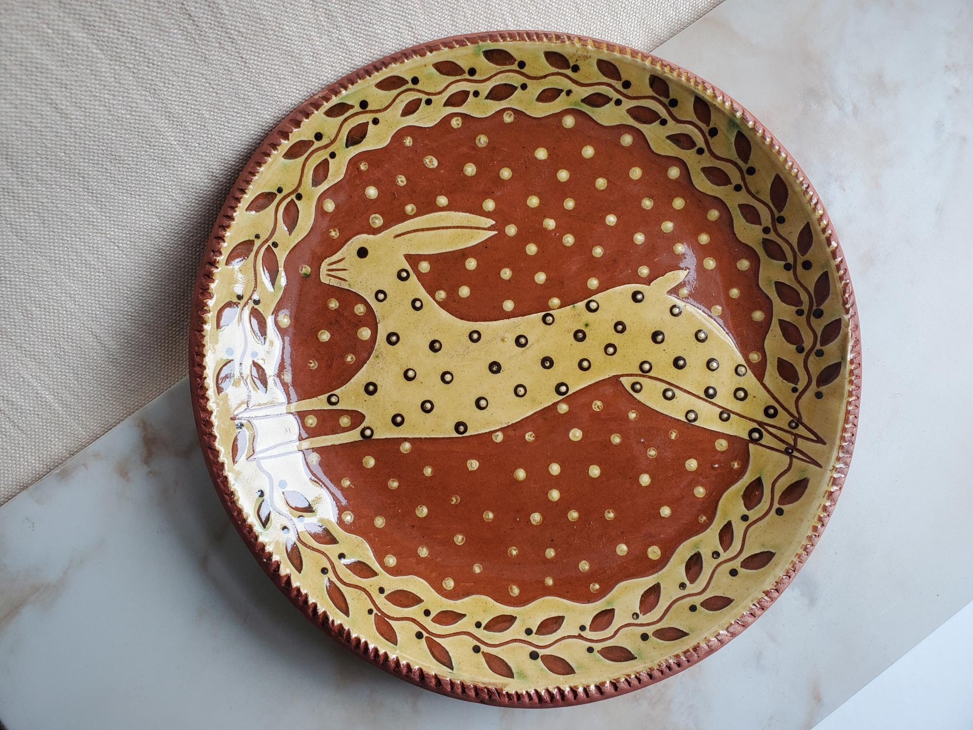 Redware 11 inch Plate with Leaping Hare Sgraffito Motif