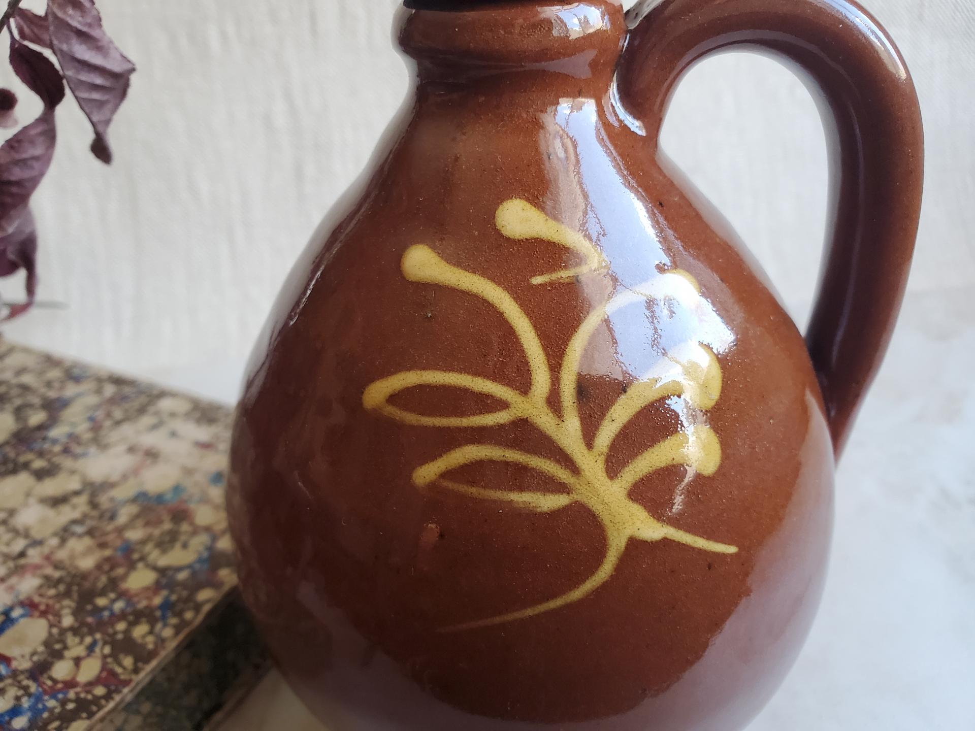 Redware Soap/Lotion Dispenser with Feather Decoration (b)