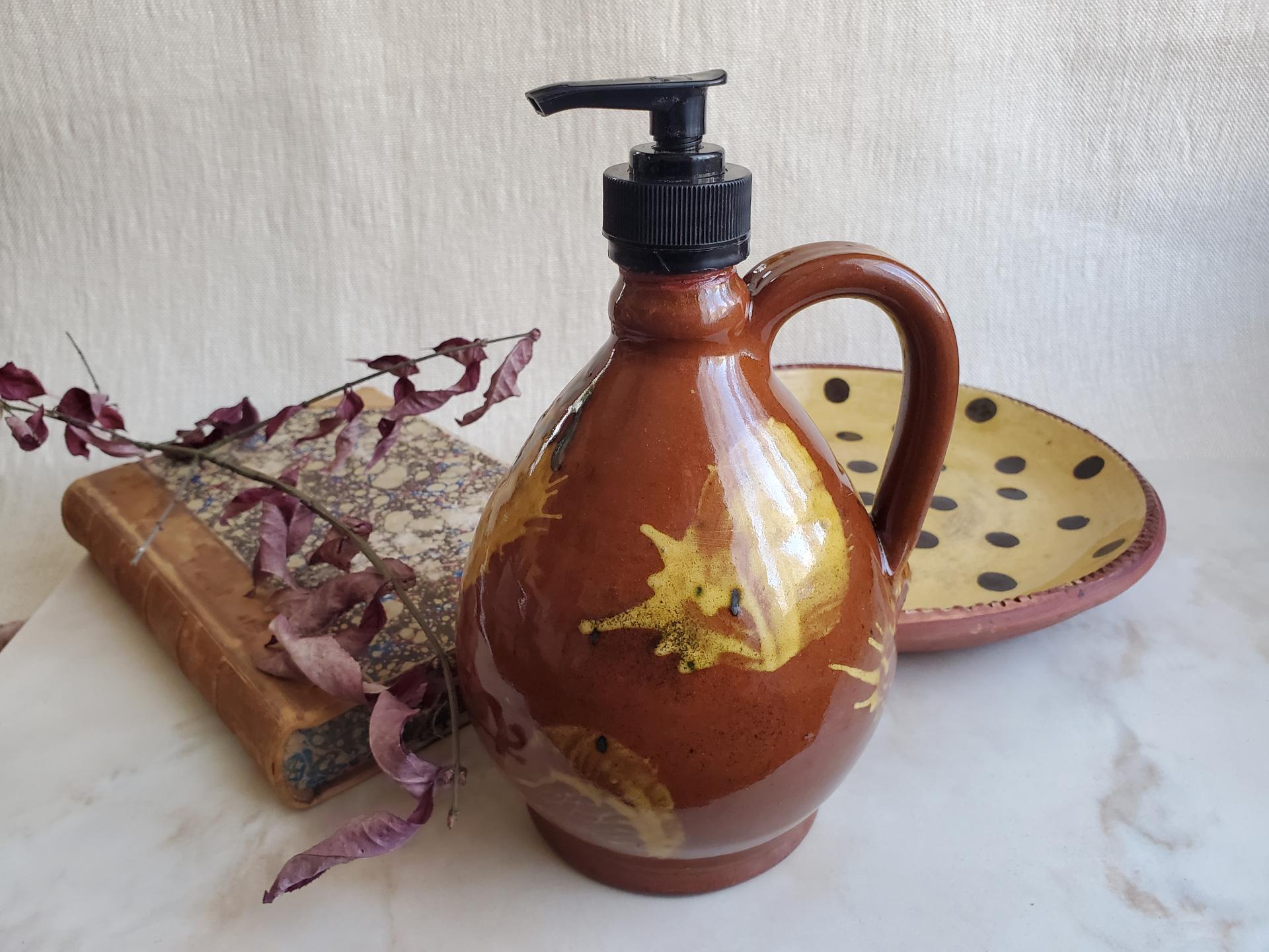 Redware Soap/Lotion Dispenser with Spangles & Daubs Decoration (c)
