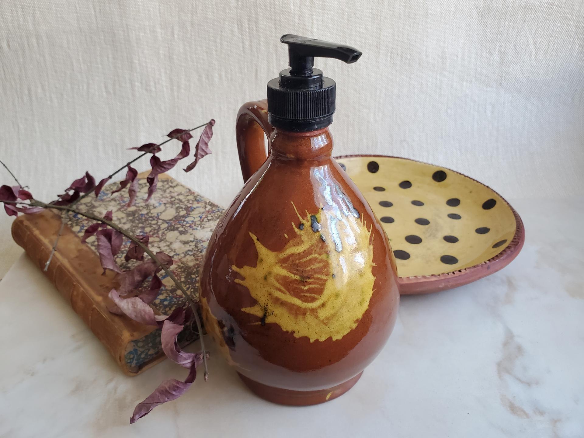 Redware Soap/Lotion Dispenser with Spangles & Daubs Decoration (c)