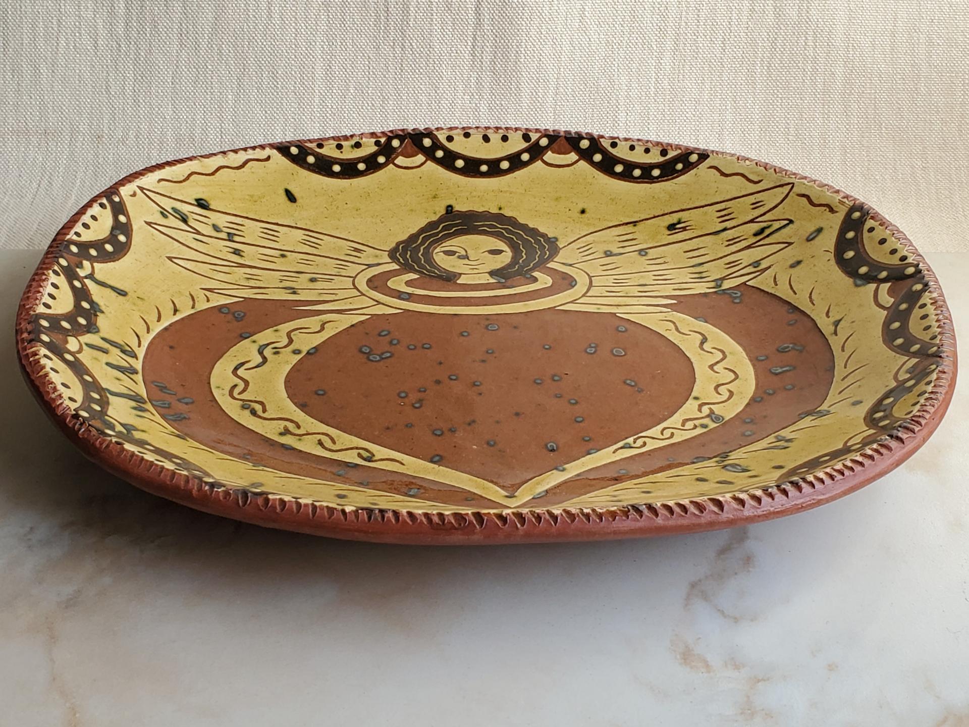 Redware Shallow Trencher, Angel with Wings Motif